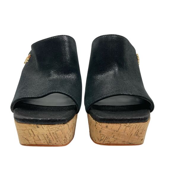 Karl Lagerfeld Paris | Henlsey Black Leather Cork Platform Block Heel Sandals - Picture 4 of 11